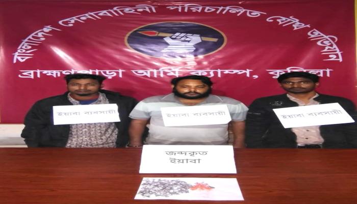 ব্রাহ্মণপাড়ায় যৌথ বাহিনীর   অভিযানে ইয়াবাসহ তিন   মাদক ব্যবসায়ী আটক