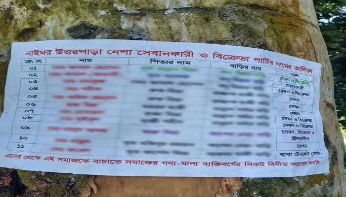 গাছে গাছে মাদকসেবী-কারবারিদের নাম-ঠিকানা ঝুলিয়ে যুবসমাজের অভিনব প্রতিবাদ
